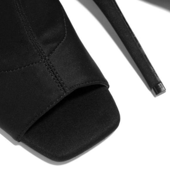 Black Lycra Squared Open Toe Ankle Booties - Picture 3 of 9